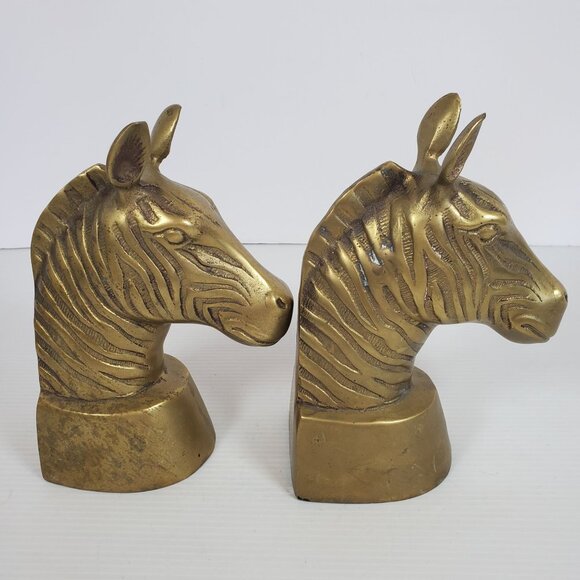 Vintage Brass Zebra Head Bookends Heavy Safari Animal Figurine Pair Mid Century - Picture 3 of 12